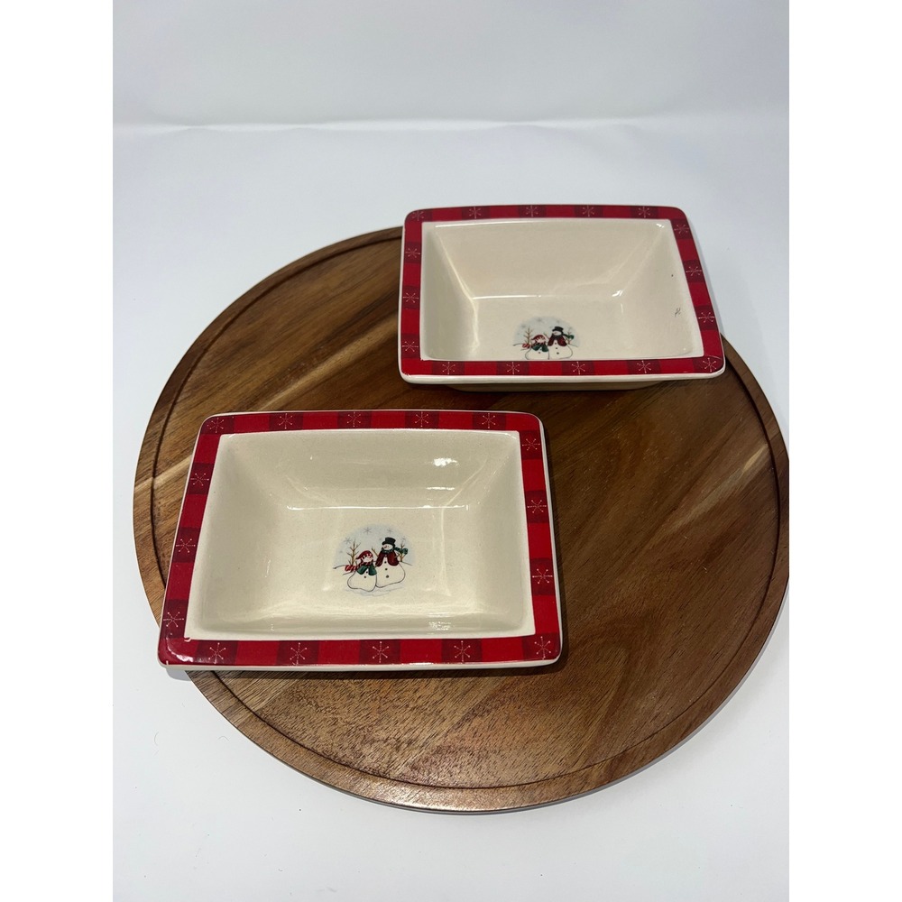 Royal Seasons Stoneware Snowman Holiday Serving Dishes Set of 2 Red Plaid‎